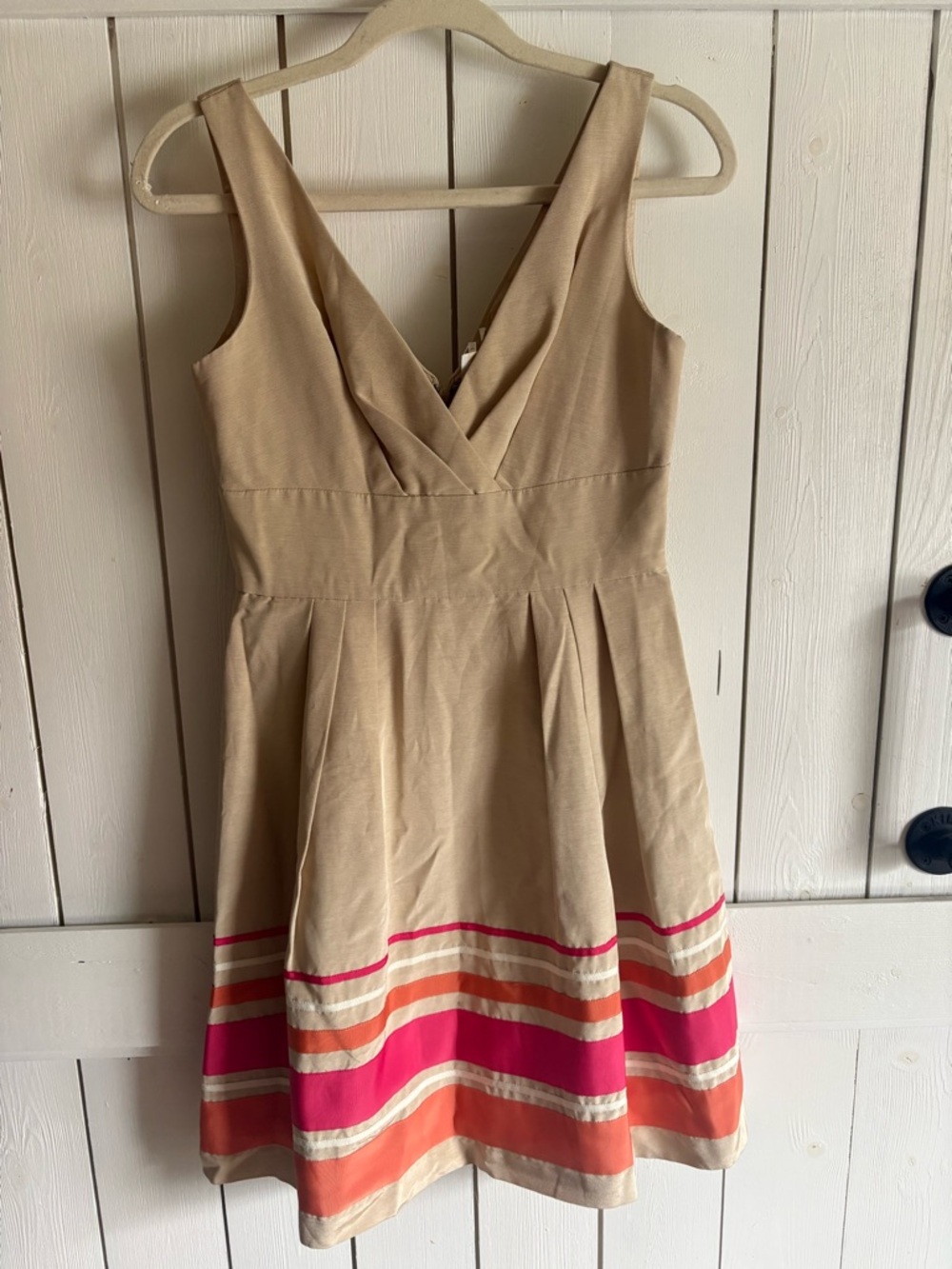 julia jordan Beige Midi Dress with Pink and Orange Stripe Hem